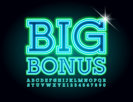 Vector Glowing template Big Bonus. Neon modern Font. Electric light Alphabet Letters and Numbers set