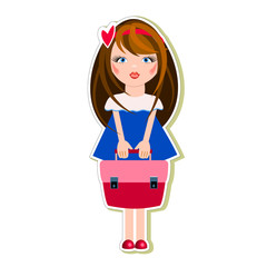 Vector children's sticker of a cartoon little black-haired girl in a blue dress with a briefcase in her hands. Concept of soon to school, first grader. Isolated on white background