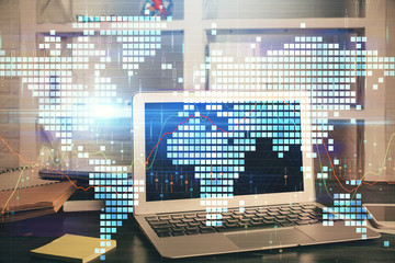 Obraz premium Multi exposure of business theme icons and table with computer background. Concept of success.