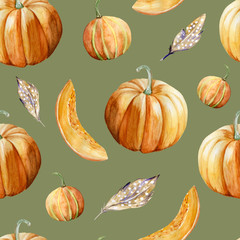 Watercolor hand painted seamless pattern with ripe orange pumpkins, pumpkin pieces and feathers on grey and green background. Perfect for creating unique fall, thanksgiving or halloween designs.