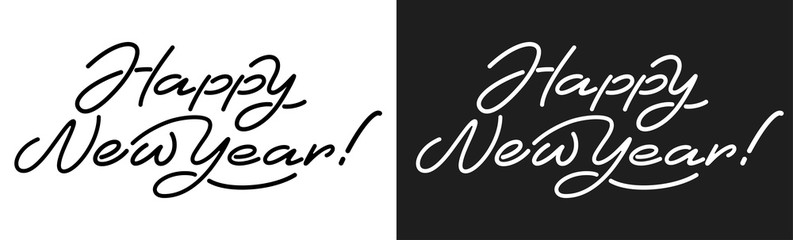 Happy New Year artistic and unique lettering in line art style, horizontal. Handwriting typography set. Easy to use for any designs for Christmas and New Year celebrations. Vector illustration.