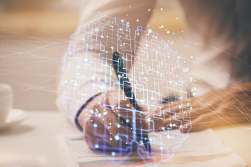 Man with multi exposure brain theme icons.