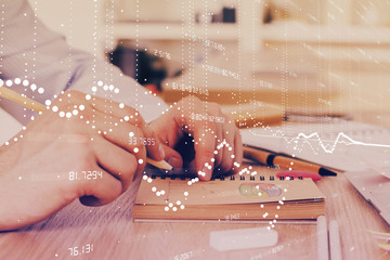 Writing human hands with data theme multi exposure icons.