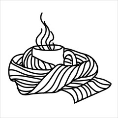Autumn line art composition. A mug with a warming drink wrapped up in scarf. Hello autumn concept. For your creative design. Modern hand-drawn Vector illustration isolated on white