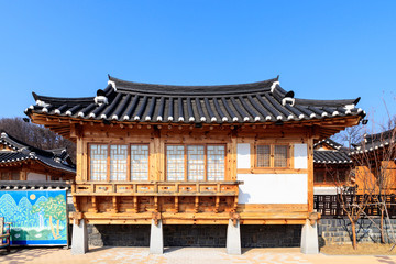 Obraz premium Traditional Korean style architecture at Hanok Village. Traditional Korean house.