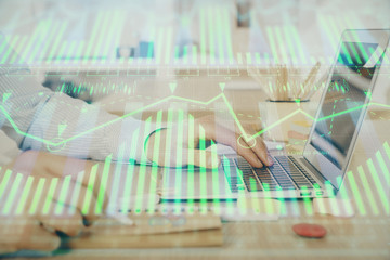 Businessman working on Laptop with technology theme drawing. Concept of big data. Double exposure.