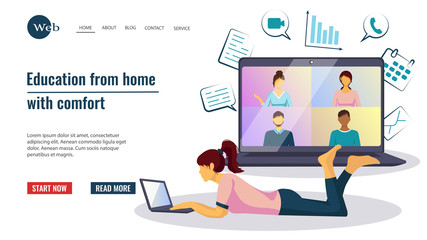 Web page template, woman with laptop learning online. Online education, video conference, e learning, courses concept. Vector illustration for website development, banner and poster.