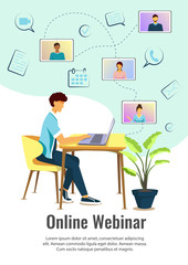 Flyer design with man sitting at the table with laptop. Online webinar, distance working and learning, video conferencing, communication concept.  A4 vector illustration for flyer, banner and poster.