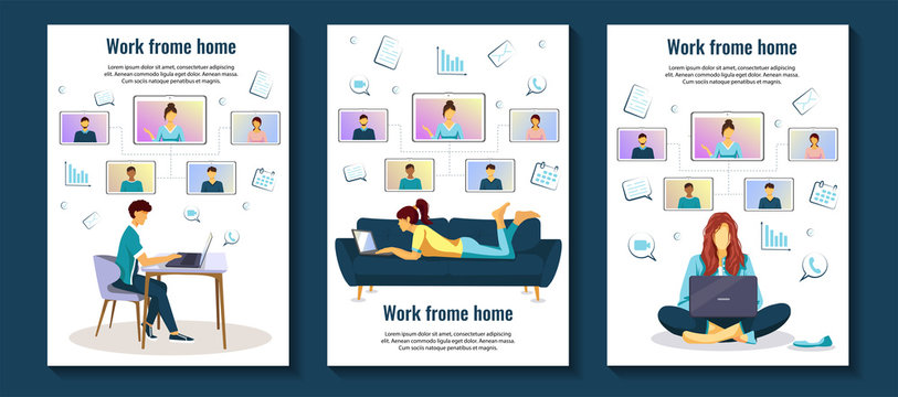 Set of flyer design with people working from home. Distance working and learning, online meeting, video conferencing, communication concept.  A4 vector illustration for flyer, banner and poster.