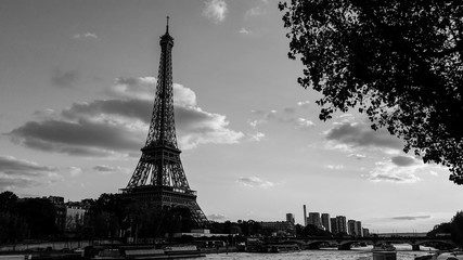 Black and white photo of the Eiffel Tower