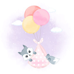 Cute Baby Fox with balloon hand drawn newborn animal cartoon illustration