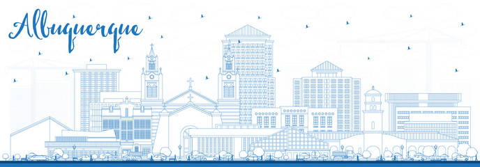 Outline Albuquerque New Mexico City Skyline with Blue Buildings.