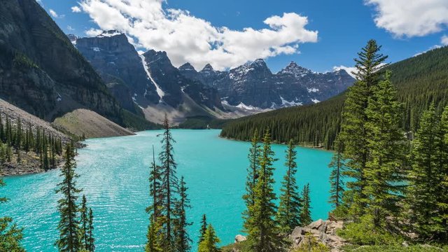 Banff National Park, Alberta, Canada, zoom out timelapse view of Moraine Lake during summer. 