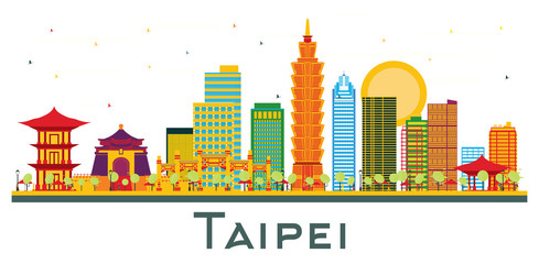 Naklejka premium Taipei Taiwan City Skyline with Color Buildings Isolated on White.