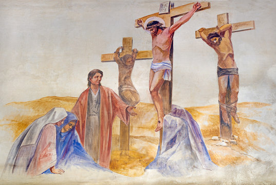 BARCELONA, SPAIN - MARCH 5, 2020: The modern fresco of Crucifixion in the atrium of church Església de la Concepció from 19. cent.