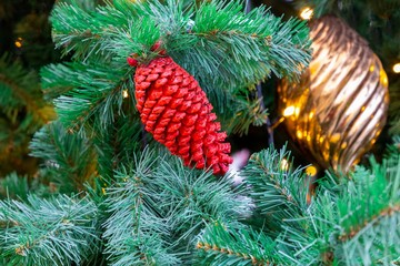 closeup of red painted cone hanging on the christmas tree branch. New year and Christmas time concept