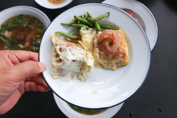 egg with sour pork , steamed egg with pork
