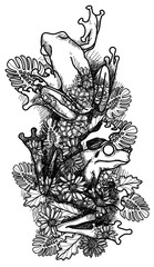 Tattoo art frogs that blend in with leaves hand drawing and sketch black and white
