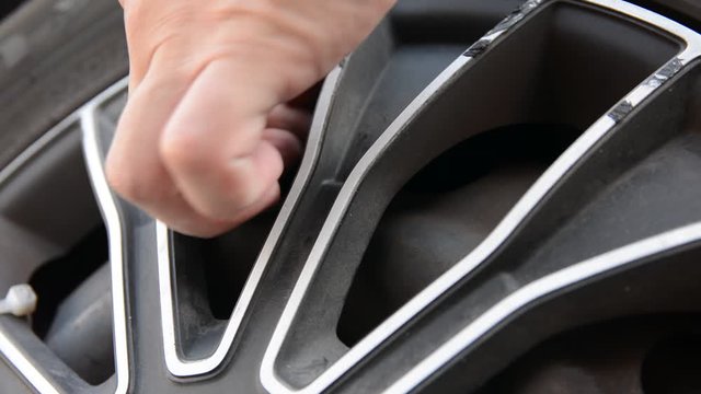 Hand people inflate tires car for safety transportation, close up checking tyre rubber car by vehicle pressure autumotive pump, service safety for transport mechine 