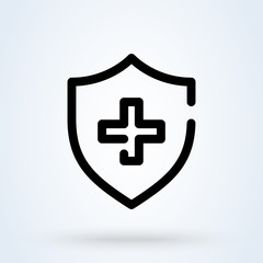 medical shield icon or logo line art style. Outline Immune system concept. protection shield cross vector illustration.