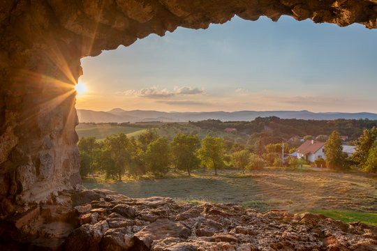 Bzovik - The landscape near the Bozvik castle in the sunset light with the Sitno peak in the background.