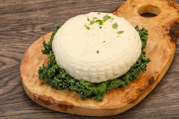 Caucasian suluguni round cheese piece
