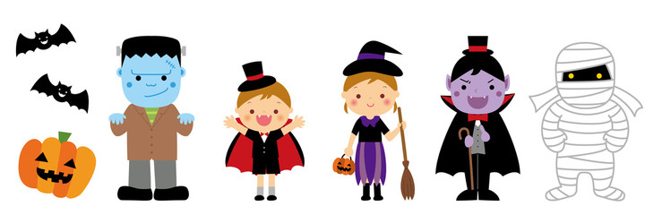 ハロウィン　仮装した子供たちとモンスター
