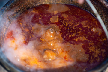 Cooking Goulash, a seasoned spicy stew of meat and vegetables