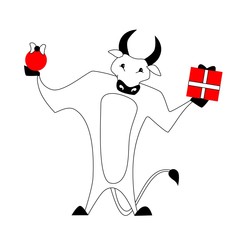 Chinese Zodiac. Chinese Animal astrological sign. Cow. Vector Illustration.Black African bull with ornaments. Symbol of 2021