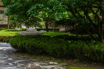 Fototapeta na wymiar Concrete drinking fountain nestled under shade trees