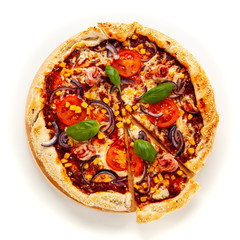 Pizza with ham, mozzarella, champignon and vegetables on white background
