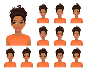 African american woman with different facial expressions and afro hairstyle set isolated