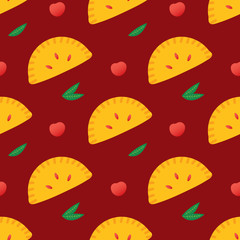 Cherry turnovers, pie, sweet pastry vector seamless pattern background.