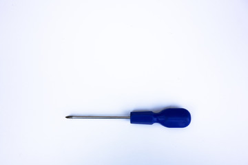 A screwdriver with a blue plastic handle on a white isolate, a place for writing.