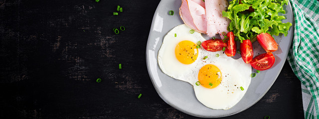 Ketogenic/paleo diet. Fried eggs, ham and fresh salad.  Keto breakfast. Brunch.  Top view, banner