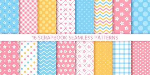 Scrapbook seamless pattern. Vector. Cute backgrounds. Set textures with polka dots, flowers, stars, zigzag, hearts, and plaid. Retro print. Pastel colors illustration. Geometric chic trendy backdrop.