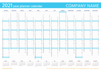 2021 year planner calendar. Vector. Wall calender template. Week starts Sunday. Annual organizer. Schedule page. Agenda diary with 12 months in English. Business illustration in minimal design.
