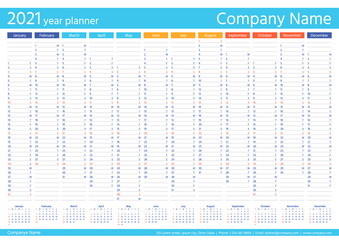 2021 year planner calendar. Vector. Wall calender template. Week starts Sunday. Annual organizer. Schedule page. Agenda diary with 12 months. Business illustration. A4 Paper Size. Simple design.