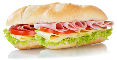 Sub sandwiches with salami ham and cheese isolated on white
