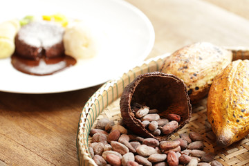 Cocao seed in pod on bamboo tray  lava chocalate cake