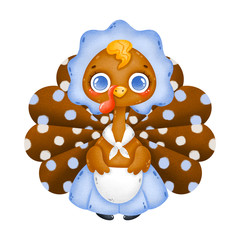 Illustration of a cute cartoon hostess turkey in a cap and apron isolated on a white background. Thanksgiving turkey girl.