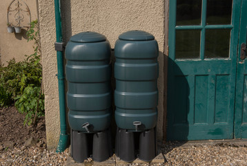 Two Green Water Butts Collecting Rain Water from a Down Pipe by a Building in Rural Devon, England, UK