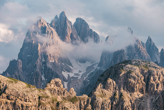Jagged peaks of cadini di misurina mountain group in Dolomites, Italy, part of Tre Cime di Levaredo national park and UNESCO world heritage site