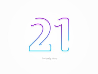 21 number, modern gradient font alphabet. Trendy, dynamic creative style design. For logo, brand label, design elements, application and more. Isolated vector illustration