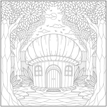 Fantasy forest mushroom house, Adult and kid coloring page in stylish vector illustration for education and learning