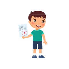Happy little boy got the highest A grade. The concept of the passed test, exam. Diligent pupil. Cartoon character isolated on white background. Flat vector color illustration.