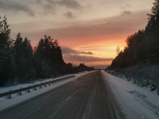 sunset in the road