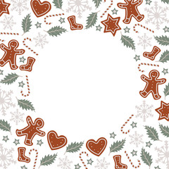Christmas copy space circle frame illustration with candy canes, gingerbread, leafs and snowflakes. Vector illustration with centered round copy space area on transparent background.