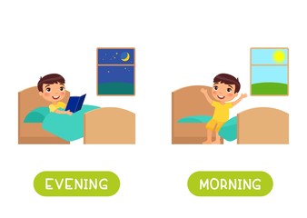 Evening and morning antonyms word card vector template. Opposites concept. Flashcard for english language learning. Little boy reads a book before sleep, child sits on the bed and rejoices 