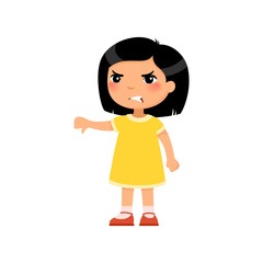 Obraz premium Little asain girl showing thumb down gesture flat vector illustration. Upset child standing alone cartoon character. Person negative emotion, disagreement expression isolated on white background